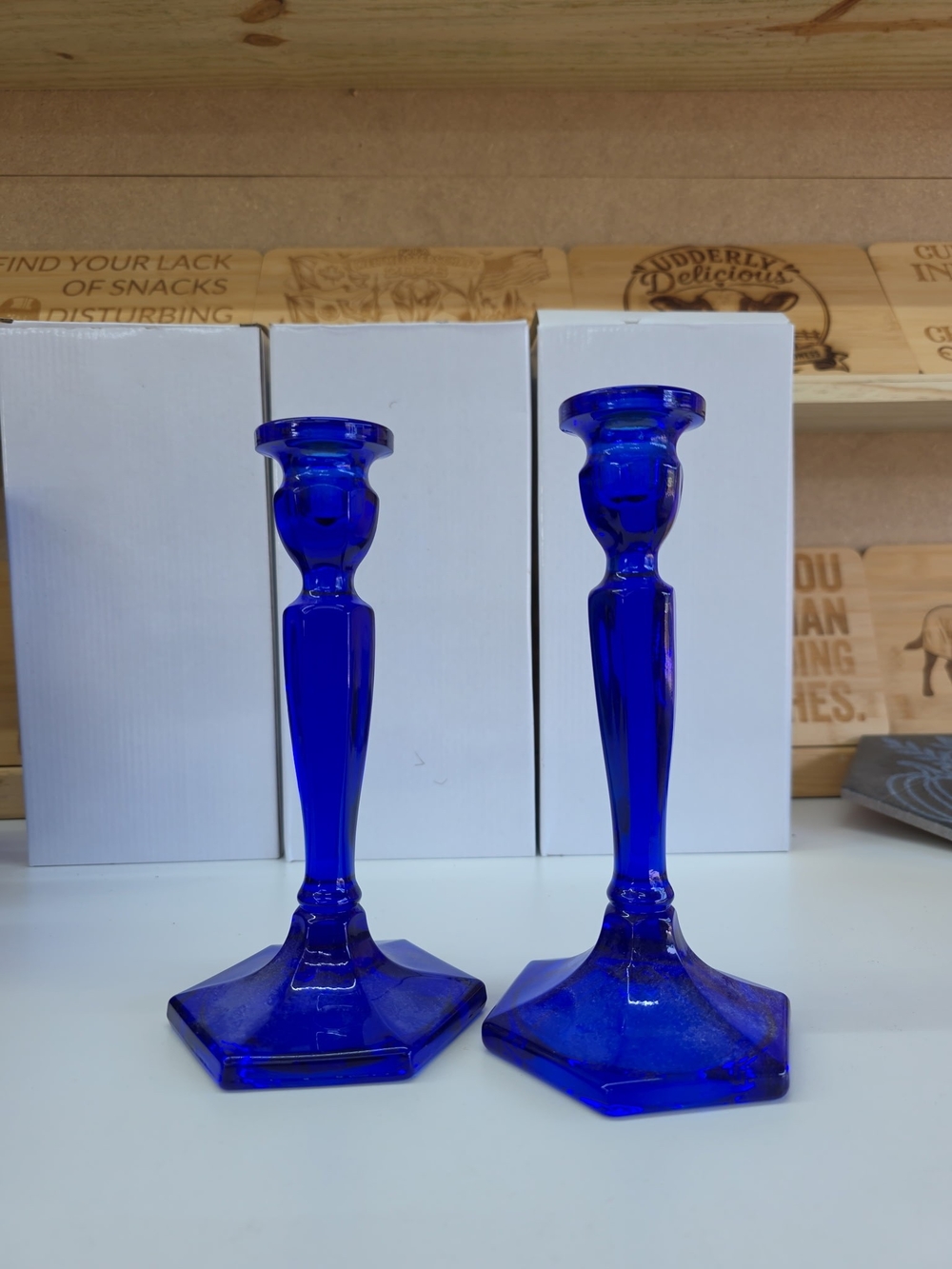 Fenton Cobalt Blue Glass Candlestick Pair